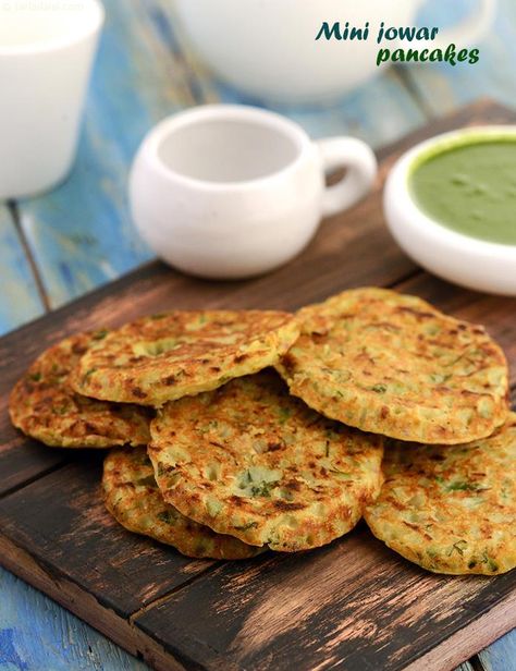 Mini Jowar Pancakes, add cucumber, onions, curds and green chillies to otherwise bland jowar flour to create soft and tasty pancakes Jowar Recipes, Healthy Indian Snacks, Healthy Pancake Recipes, Indian Bread, Pancakes Ingredients, Green Chutney, Tasty Pancakes, Indian Breakfast, Indian Snack Recipes