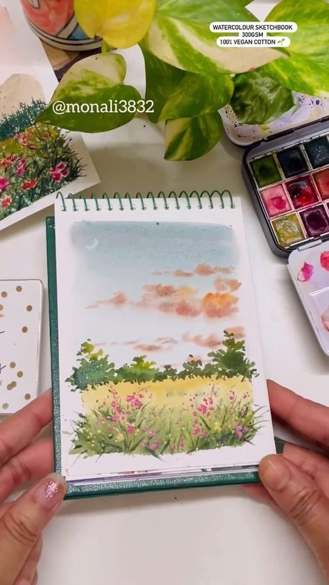 Spring Landscape Watercolor, Landscape Watercolor Tutorial, Happy Watercolor, Watercolour Art, Spring Watercolor, Gauche Painting, Watercolor Landscape Tutorial, Watercolour Landscape, Album Art Design