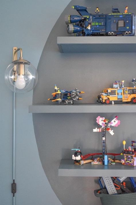 Big Boy Bedroom Ideas, Floating Shelf Display, Lego Shelves, Lego Shelf, Wallpaper Accent Walls, Kids Shelf, Lego Bedroom, Bunk Bed Ideas, Round Shelf