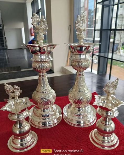 Silver Pooja Items Indian With Price, Silver Lamps For Pooja With Price, Silver Pooja Items Indian, Silver Lamps, Brass Diyas, Silver Home Accessories, Silver Things, Pooja Decor, Silver Articles