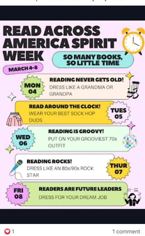 Reading Spirit Week, Literacy Week Ideas Elementary, Read Across America Ideas For School, Reading Week Ideas, Fundraiser Ideas School, March Reading Month, Library Friends, Spirit Weeks, Abc Countdown