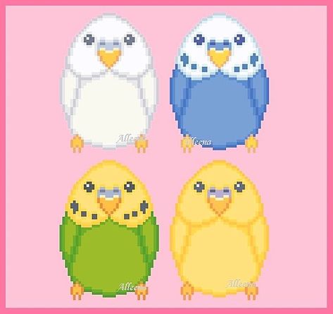 Pixel Art Versions of the Budgie Cross Stitch Patterns I'm currently releasing. 💕🌸 #pixel #pixelart #art #crossstitch #crossstitchpattern #embroidery #craft #budgie #bird #parrot #cute #kawaii #pastel #photo #photooftheday #pretty #love Parrot Cute, Pastel Photo, Budgie Bird, Bird Parrot, Embroidery Craft, Cute Kawaii, Pixel Art, Parrot, Stitch Patterns