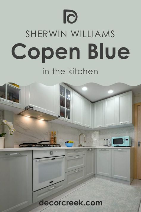 Copen Blue SW 0068 in the Kitchen by Sherwin-Williams Copen Blue Sherwin Williams, Sw Copen Blue, Kitchen Island Blue, Blue Sherwin Williams, Blue Kitchen Paint, Copen Blue, Aqua Kitchen, Trim Colors, Blue Kitchen Cabinets