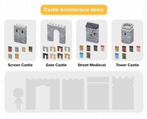 Hello everyone, I made this cheat sheet for those who love castlecore. I found these new items that can be use to build the large castle. These are very big and you make wall out of this. : AnimalCrossing Large Castle, Small Castles, Castle Wall, New Animal Crossing, Smart Auto, Princess Castle, Small Buildings, Cheat Sheet, Original Artists