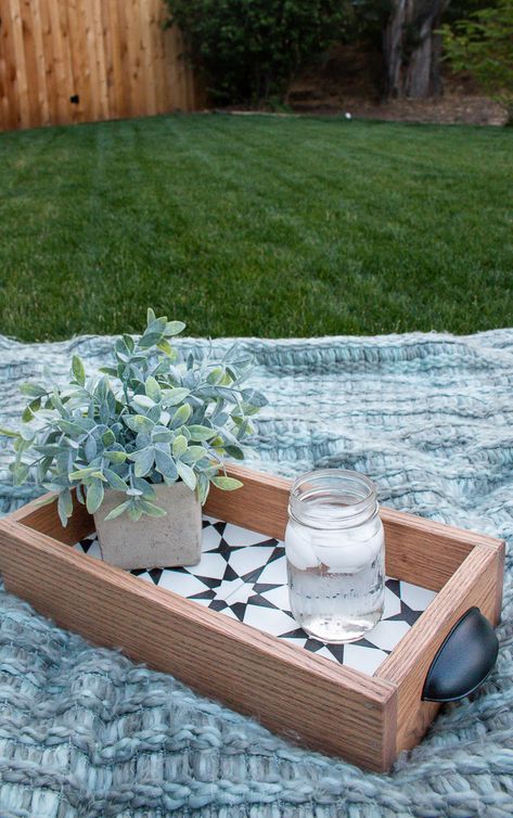 We had some leftover cement tile from our bathroom renovation, so we made a DIY tray with wood! Spoiler alert - it turns out SO cute!  #outdoor #farmhouse #upcycle #tile #diytray Upcycle Tiles Diy Projects, Creative Ways To Use Leftover Tiles, Diy Tile Decor, What To Do With Leftover Tiles, Diy Tile Projects, Tile Projects Crafts, Old Tiles Diy Projects, Tile Tray Diy, Tile Diy Crafts