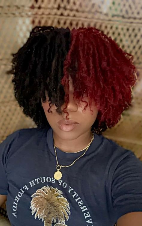 Short Locs Hairstyles With Bangs, Sisterlock Bangs, Sister Locs With Color, Dyed Mini Twists, Red Short Locs, Sister Locs Dyed, Sister Locs With Bangs, Micro Locs With Bangs, Microlocs With Bangs