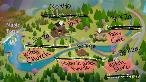 Glimmerbrook Sims 4, Sims 4 Map Ideas, Hogwarts Sims 4, Sims 4 Glimmerbrook, Sims 4 Map Layout Ideas, Sims Challenge, Sims 4 Challenges, Map Layout, Sims Houses