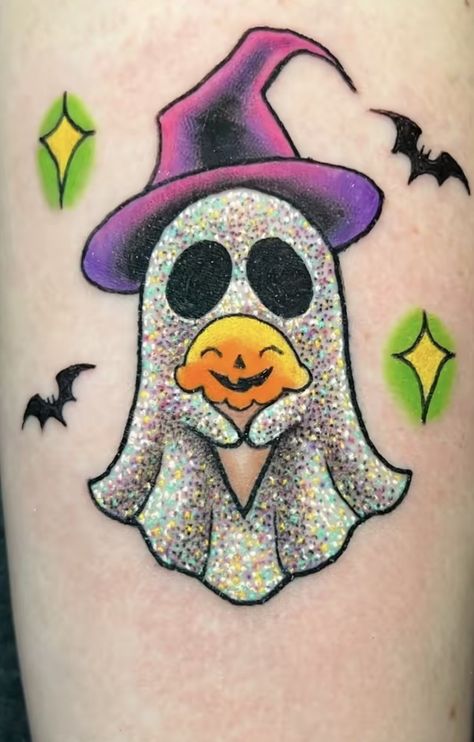 Sparkly Tattoo Ideas, Spooky Cow Tattoo, Ghost Witch Tattoo, Small Spooky Tattoos For Women, Colorful Ankle Tattoos For Women, Boo Bees Tattoo, Flash Tattoo Halloween, Eerie Tattoos, Glitter Tattoo Ideas