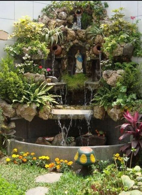 38 Amazing Waterfall Ideas to Improve Your Garden Level - 246 Virgin Mary Statue Garden, Grotto Design, Unique Landscaping, Waterfall Ideas, Gardening Design Diy, Amazing Waterfall, Water Fountain Design, Fish Pond Gardens, Taman Air