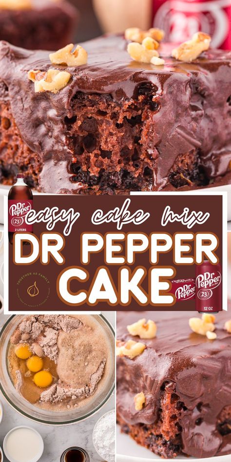 Dr Pepper Cake is a tasty cake with the flavors of Dr Pepper soda in the rich chocolate cake and the chocolate fudge frosting! Tons of chocolate flavor and it's an easy prep chocolate sheet cake thanks to the boxed cake mix. Dr Pepper Brownies Cake Mixes, Dr Pepper Texas Sheet Cake Recipe, Dr Pepper Dump Cake, Dr Pepper Sheet Cake Recipe, Chocolate Dr Pepper Cake, Dr Pepper Pie, Dr Pepper Poke Cake, Dr. Pepper Cake, Dr Pepper Fudge