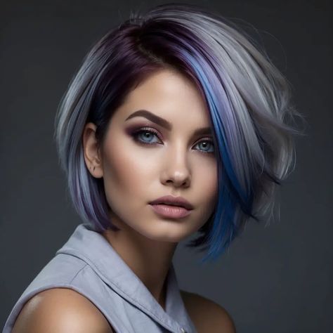 Funky Hairstyles For Straight Hair, Fashion Color Hair Short, Best Short Haircuts For Round Faces, Creative Hair Color Short, Dark Blue Short Hair, 2025 Hair Trends For Women, Multi Tone Hair Color, Bold Hair Color Ideas, Unique Hair Colors