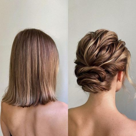 Shoulder-Length Hair Wavy Updo Bridal Updo For Shoulder Length Hair, Wedding Upstyles Medium Length, Upstyle For Shoulder Length Hair, Shoulder Length Wedding Updo, Wedding Updo Shoulder Length Hair, Updo Hairstyles Shoulder Length Hair, Short Hair Bride Updo, Bridesmaid Hair For Shoulder Length Hair, Simple Hair Updos Shoulder Length