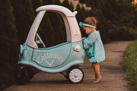 Painting Little Tikes Car, Painted Little Tikes Car, Little Tikes Picnic Table Makeover, Diy Little Tikes Car Makeover, Little Tikes Car Makeover, Masters Birthday Party, Golf 1st Birthday Party, Golf Party Theme, Little Tikes Makeover