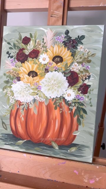 Thanksgiving Diy Painting Canvas, Pumpkin Flower Painting, Diy Autumn Painting On Canvas, Fall Paintings On Canvas Easy Step By Step, Fall Theme Painting Ideas, Floral Pumpkin Painting, Holiday Canvas Painting Ideas, November Painting Ideas, Easy Painting Ideas On Canvas Fall Theme