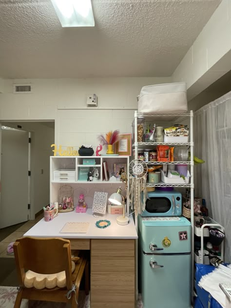 FRIDGE DORM ROOM DESK HUTCH DESK CONTACT PAPER DORM ROOM INSPO FOR FRESHMAN DORM BLUE FRIDGE Desk Contact Paper, College Fridge, Dorm Blue, Dorms Ideas, Blue Fridge, Hutch Desk, Dorm Room Desk, Dorm Room Inspo, Dorm Room Layouts