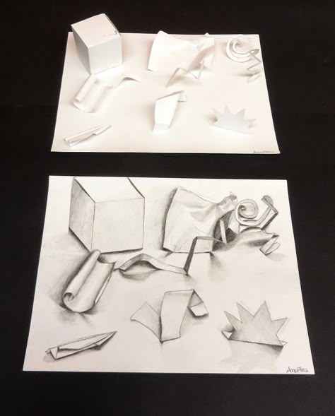 3D Paper Shading is a good assignment to teach value, lighting, shadows and boost students' observational skills. #drawing #teachingart #shadows #lighting #value High School Drawing, Intro To Art, High School Art Lessons, High School Art Projects, 8th Grade Art, Middle School Art Projects, Art Assignments, Art Lessons Middle School, Value In Art