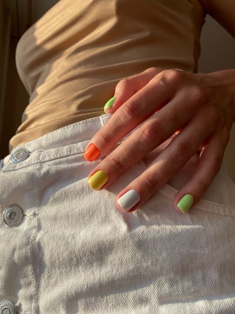 Tri Colored Nails, Summer Multicolor Nails, Mail Color Combos, Mismatched Nails Summer, Multi Colored Nails Summer, Colorful Short Nails, Multicolor Nails, Sheer Nails, Multicolored Nails