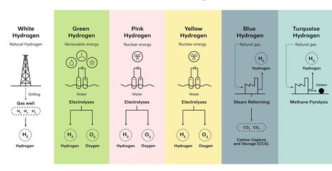 Infographs of different colors of hydrogen and how they are produced I Volvo Group Water Electrolysis, Hydrogen Production, Hydrogen Gas, Hydrogen Fuel Cell, Hydrogen Fuel, Nuclear Energy, Combustion Engine, Carbon Dioxide, Fuel Cell