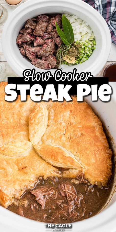 This slow cooker steak pie recipe is super easy and having the steak pie filling cook all day in the crock pot like this allows for the most tender, full of flavor steak pie you ever had! Learn this neat trick with the puff pastry top too. Slow Cooker Steak Pie, Steak Pie Recipe, Crock Pot Inspired Beef Recipes, Steak Pie, Slow Cooker Steak, Crockpot Steak, Pepper Steak Recipe, Fall Crockpot Recipes, Steak And Ale