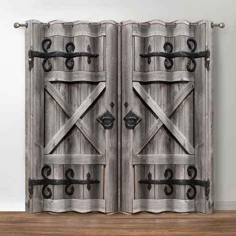 PRICES MAY VARY. Rustic Wood Door Pattern Blackout Curtains: Leading high-definition digital printing technology to ensure long-term use without fading, and keep the color bright. Environmentally friendly, breathable, durable, and anti-wrinkle. Without chemical coating. Which is healthier and safer for people, especially adults and kids baby Blackout Functions: 70% Blackout, Can darken the room, and 100% Privacy Protection. Our Retro Wood Door Pattern Theme blackout window drapes have the perfec Barn Door Curtains, Blue Barn Door, Country Farmhouse Curtains, Art Deco Desen, Farmhouse Kitchen Curtains, Wooden Barn Doors, Curtain For Door Window, Wood Barn Door, Barn Door Designs