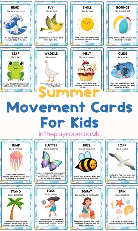 Free Printable Summer Movement Cards for Kids Summer Movement Activities For Kids, Movement Cards Preschool, Transition Games For Kids, Summer Gross Motor Activities, Animal Movement Cards Free Printable, Movement Cards For Kids Free Printable, Movement Activities For Kids, Beach Activities For Kids, Beach Planning