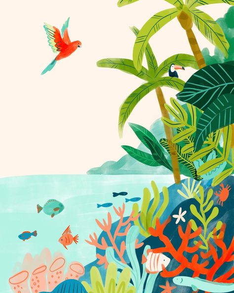 Rainforest + Reef. Love the idea of these two being connected 🌴🪸 #livingland2024 * * * #rainforest #coralreef #coral #landscapeillustration #illustrationartists #natureillustration #artlicensing #tropicalillustration #tropicalart Coral Reef Illustration, Rainforest Illustration, Rainforest Art, Coral Reef Art, Ocean Illustration, Typography Ideas, Mangrove Swamp, Tropical Illustration, Work Art