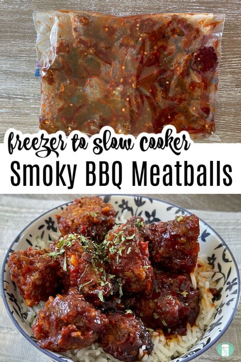 Freezer to slow cooker smoky BBQ meatballs make a great family meal or potluck dish. #freezermeals101 Freezer Meals With Meatballs, Meatball Recipes Freezer, Freezer Meatball Recipes, Hamburger Freezer Meals, Frozen Meatballs Crockpot, Freezer Meal Party, Freezer Meatballs, Bbq Meatball Recipe, Best Freezer Meals