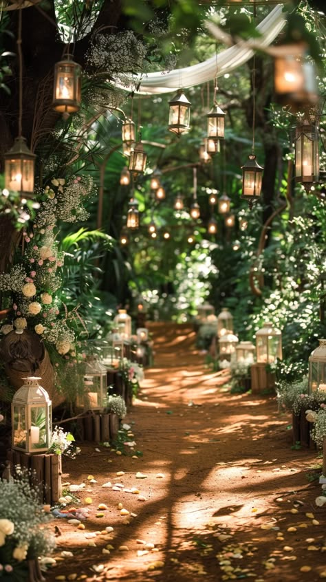 Woods Fairy Wedding, Woods Wedding Ceremony Decor, Wedding Forest Ideas, Plant Filled Wedding, Forest Venue Ideas, Spring Fairy Wedding Theme, Pagan Wedding Ideas Wicca, Forest Reception Decor, Enchanted Forest Wedding Aisle