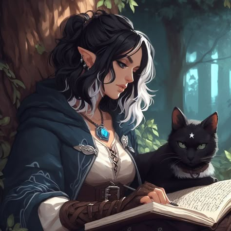 Short Hair Elf Female, Half Elf Female Black Hair, Elf Witch Female, Brown Haired Elf Female, High Elf Druid Female, D&d Character Ideas Female, Dnd Female Half Elf, Twilight Cleric Dnd Female, D&d Character Inspiration