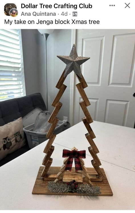 Christmas Tree Jenga Blocks, Jenga Crafts Ideas Christmas, Jenga Christmas Tree, Jenga Block Christmas Tree, Jenga Block Christmas, Jenga Blocks Diy, Block Christmas Tree, Dollar Tree Fall Diy, Wood Blocks Diy