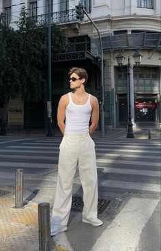 Sando Top Outfit, White Tank Top Outfit Men, Style White Pants, Mens Ootd, White Tank Top Outfit, White Pants Men, Tank Top Outfit, Tank Tops For Men, Aesthetic Clean