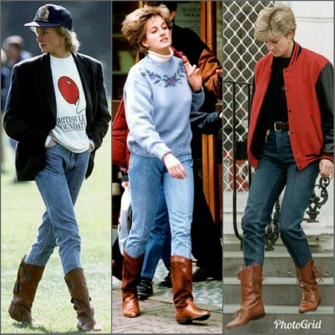 Princess Diana Cowboy Boots, Princess Diana Boots, Princess Diana Shoes, 80s Cowboy Boots Outfit, 80s Boots Outfit, Princes Diana Fashion, Diana Street Style, Diana Aesthetic, Princess Diana Outfits