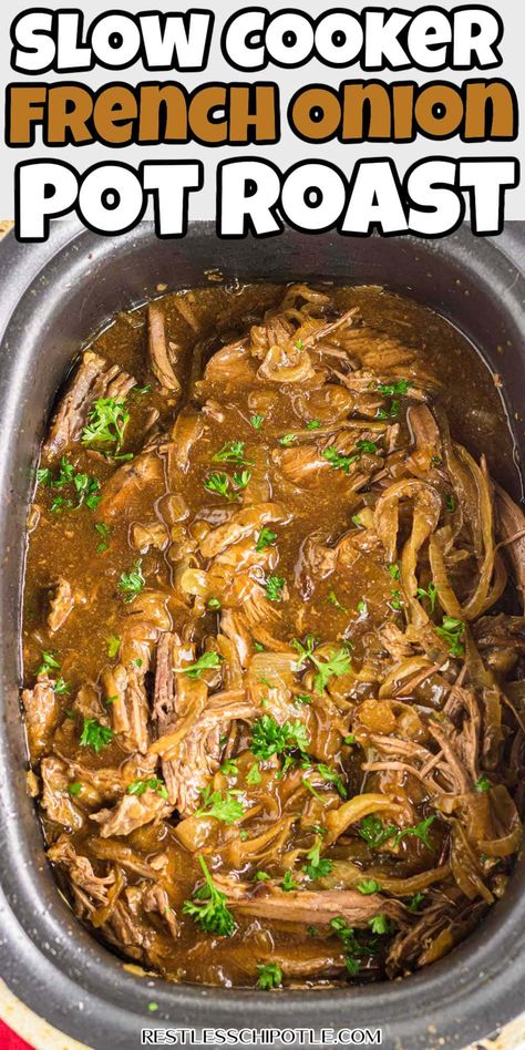 Let your slow cooker do the work with this savory French Onion Pot Roast! Tender, melt-in-your-mouth beef simmered with caramelized onions and rich broth for a flavorful, comforting meal. Perfect for busy weeknights or cozy family dinners. Simply set it and forget it! French Onion Beef Crockpot, Recipes For Pot Roast, Crockpot French Onion Roast, Pot Roast French Onion Soup, Roast Slow Cooker, Roast In Slow Cooker, Crock Pot Beef Roasts, Beef Roast Slow Cooker, Beef Roast In Slow Cooker