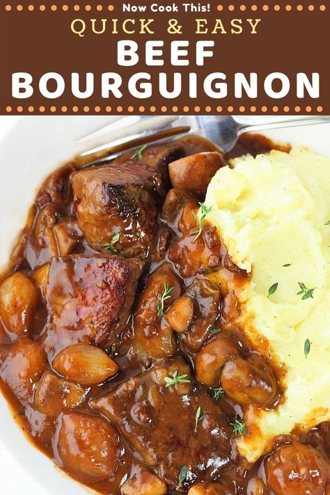 This Quick and Easy Beef Bourguignon - full of tender beef, mushrooms, and onions in a sauce made from red wine, beef stock, bacon, garlic, tomato paste, and thyme - is ready in a fraction of the time of the original French classic, but it's still got all the flavor! It's fast enough for a simple weeknight dinner and impressive enough for date night, a special occasion, or serving guests. Get the recipe and try it! #beefbourguignon #beefstew #beefrecipes #easydinner Recipes Using Beef Consomme, Easy Beef Bourguignon, Red Wine Beef, Mushrooms And Onions, Spaghetti Pie, Classic French Dishes, French Dishes, French Classic, Tender Beef