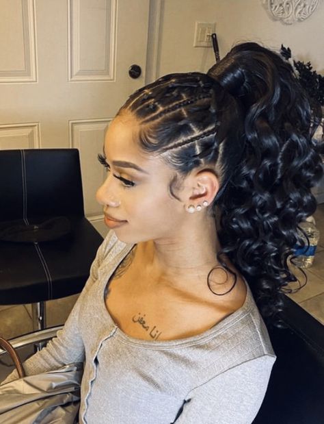 Braid Styles For Natural Hair No Weave, Braided Curly Ponytail Black Women, Quick Braid Ponytail Styles Black Hair, Game Day Braids Hairstyles, Braids With Ponytail Hairstyles, Cornrow Ponytail With Curls, Ponytail With Braids In Front Black Hair, Hairstyles To Do With Knotless, Braided Up Do