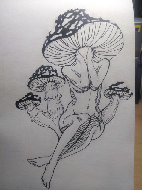 Mushroom Woman Art Drawing, Spiritual Mushroom Art, Lady With Mushroom Head Tattoo, Mushroom Body Art, Mushroom Lady Tattoo Design, Mushroom Back Tattoo, Goth Cottage Core Tattoo, Spiritual Art Sketch, Mushroom Goddess Tattoo