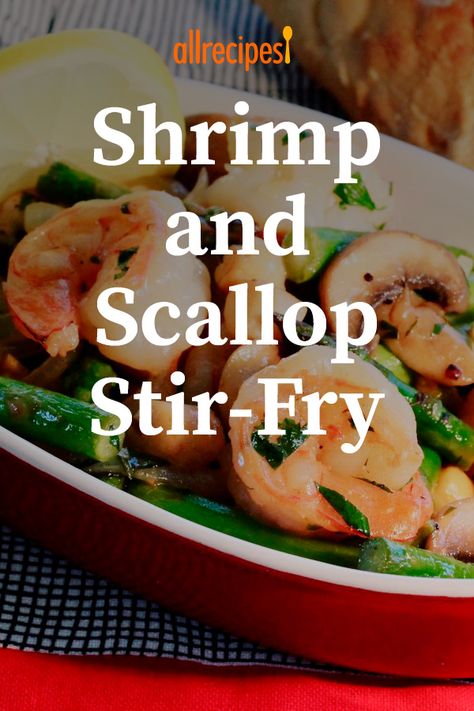 Shrimp And Scallop Stir Fry, Shrimp And Scallop Casserole Recipes, Seafood Stirfry Recipes, Shrimp And Scallop Stir Fry Recipe, Seafood Stir Fry Recipe, Scallop Stir Fry Recipes, Scallop Stir Fry, E2m Meals, Dinner Ideas Shrimp