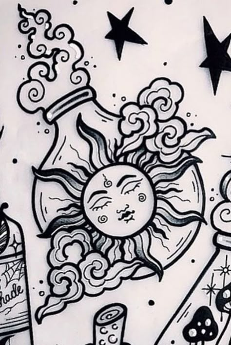 Witchcraft Tattoos, Spooky Tattoos, Potion Bottles, Tattoo Style Drawings, Tattoo Portfolio, Book Tattoo, Sun Tattoo, Tattoo Art Drawings, Tattoo Flash Art