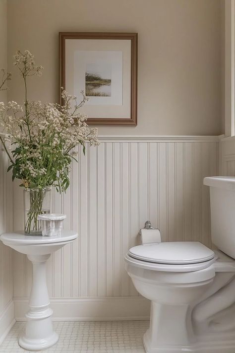 25 Genius Tiny Bathroom Ideas For Your Makeover 63 Small Half Bathroom Ideas Beadboard, Greige Beadboard Bathroom, Half Bath Black Countertop, Cottage Bathroom Makeover, Waynes Coating Small Bathroom, Toilet Nook In Bathroom, Tiny Powder Room Ideas Farmhouse, Bathroom Ideas With Wood Walls, Painted Small Bathroom