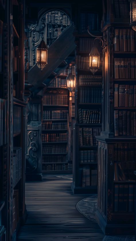 Dark library with cosy reading place and warm light.  #books #library #reading #cosy #hygge Gothic Ipad Wallpaper, Dark Fantasy Library, Wizard Library, Library Aesthetic Wallpaper, Witchy Library, Library At Night, Endless Library, Library Painting, Library Wallpaper