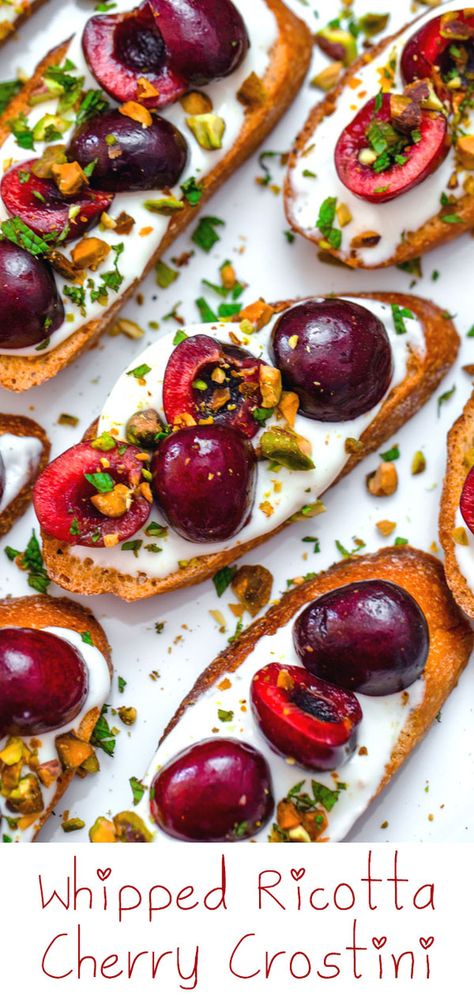 Cherry Dinner Party, Vegetarian Crostini, Cherry Crostini, Cherry Appetizers, Leftover Ricotta, How To Make Crostini, Fresh Cherry Recipes, Cherry Theme, Cherry Salsa