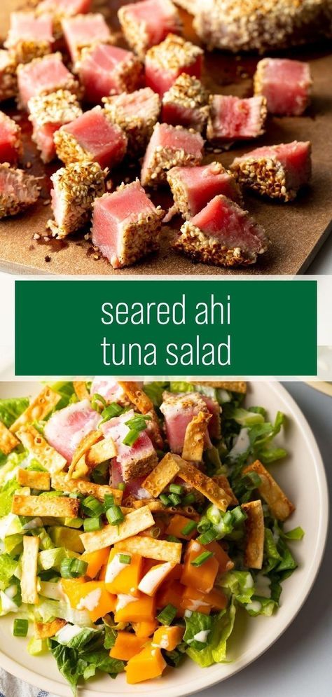 Seared Sesame Crusted Ahi Tuna Salad Recipe – These refreshingly delicious salads are loaded with seared Ahi tuna steaks, mango, avocado, crispy wonton strips, and scallions. Plus, a drizzle of lime aioli adds even more bright flavor to every bite! Tuna Steak Salad Recipes, Ahi Tuna Salad Dressing, Ahi Tuna Steak Recipe Seared, Ahi Tuna Dinner, Ahi Tuna Salad Recipe, Tuna Steak Salad, Seared Ahi Tuna Salad, Ahi Tuna Steak Recipe, Tuna Salads