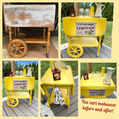 Lemonade Cart Ideas, Tea Cart Makeover, Lemonade Cart, Fun Lemonade, Vintage Tea Cart, Diy Lemonade Stand, Summer Window Display, Lemonade Stands, Flea Market Booth