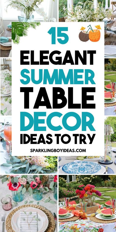 Summer table decorations bring warmth and color to any gathering. Dive into our outdoor summer table settings and beach-themed table decor that will make your summer meals unforgettable. From rustic summer table decor to bright summer tablescapes and tropical table decor, we've got summer decor ideas for every style. Our DIY floral table decor and lemon-themed table decor for a fresh twist. Also, try to add some sunflower table decorations or fruit centerpieces for summer to complete the look. Summer Dining Room Table Decor, Diy Summer Crafts For Kids, Summer Dining Table Decor, Summer Table Centerpieces, Outdoor Table Centerpieces, Summer Table Decor, Campfire Meals, Summer Appetizers, Summer Decor Ideas