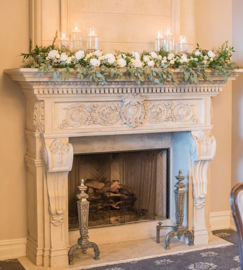 Reception fireplace mantle garland 6 floating candles Maybe Mirror in the middle? Wedding Flowers Mantel, Simple Fireplace Wedding Decor, Chimney Flower Decor, Fireplace Arrangements Wedding, Mantle Flower Arrangements Wedding, Fireplace Mantel Wedding Flowers, Chimney Wedding Decor, Flowers On Mantle Wedding, Fireplace Mantle Decor For Wedding