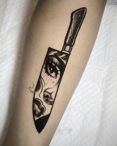 Knife With Face Tattoo Design, Knife And Eye Tattoo, Knife Face Tattoo Design, Face In Knife Tattoo, Knife Through Eye Tattoo, Knife Tattoo For Women, Knife Woman Tattoo, Lady Knife Tattoo, Flick Knife Tattoo