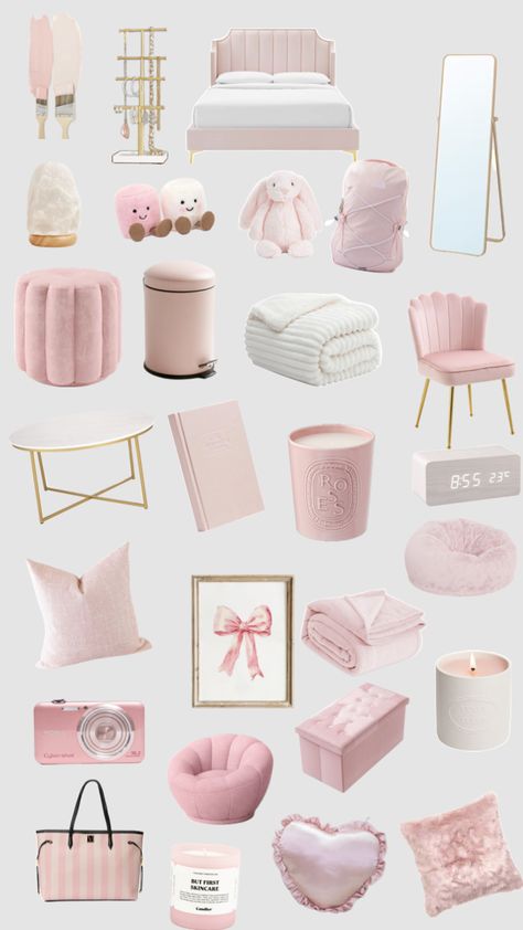 Rose girl room decor wishlist 🎀🌹 #rosegirl #rose Pink And Brass Bedroom, Pink Room Inspo Minimalist, Pastel Pink Aesthetic Room Decor, Light Pink And Cream Bedroom, Pink Gold Room Decor, Light Pink Aesthetic Room Decor, Cute Pink Room Ideas Aesthetic, Light Pink And White Room Ideas, Girly Bedroom Decor Ideas