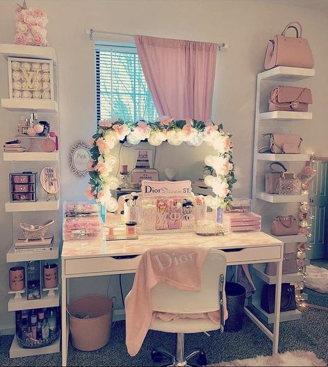 Vanity Table Aesthetic, Desk Vanity Combo, Bathroom Makeup Vanity Pink Room, Makeup Station In Bedroom, Diy Kids Vanity Girl Rooms, Desk/vanity Combo, Pink Girly Vanity, Makeup Vanity In Closet, Pink Vanity For Kids