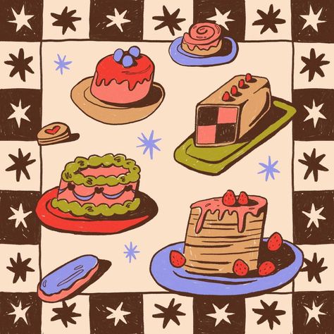 Fun Food Illustration, Sweets Drawing, Sweet Art, Cake Drawings, Sweet Illustration, Sweets Illustration, Cute Cake Illustration, Digital Illustration Inspiration, Retro Food Art Illustrations