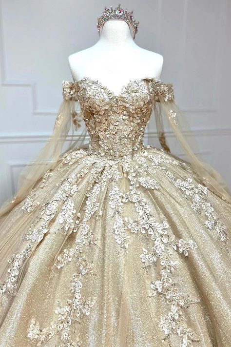 Alejandra | Glamorous Gold Sweetheart Ball Gown with Cape Sleeves Quin | KissProm Ball Gown With Cape, Quince Cakes, Gown With Cape, Rustic Wedding Gowns, Quinceanera Dresses Gold, Dress Quinceanera, Prom Dresses Long Pink, Prom Dresses Long Lace, Quince Dress